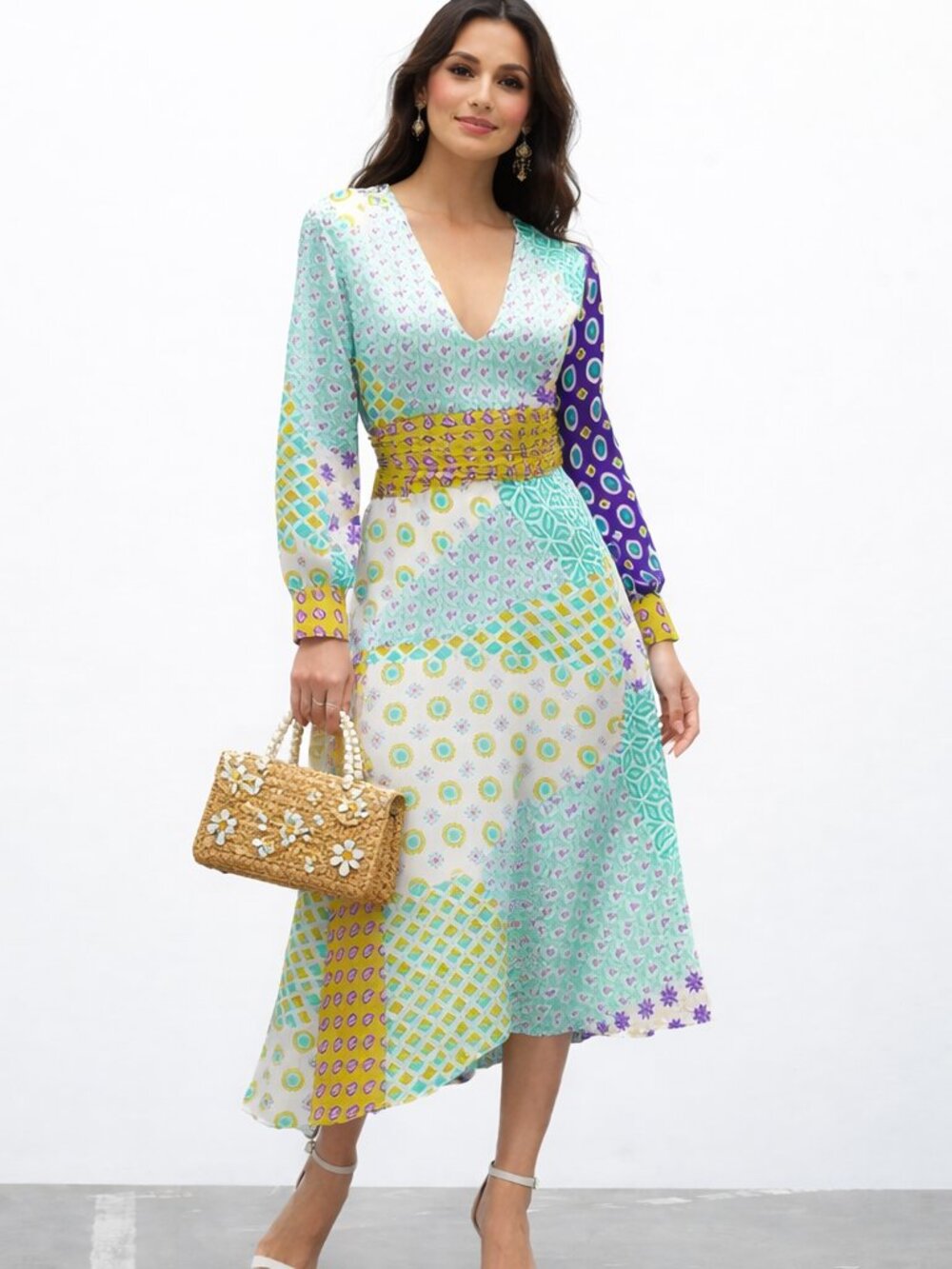 Zara Patchwork Print Midi Dress Boho V Neck Long Sleeve Colorful Summer Sz S